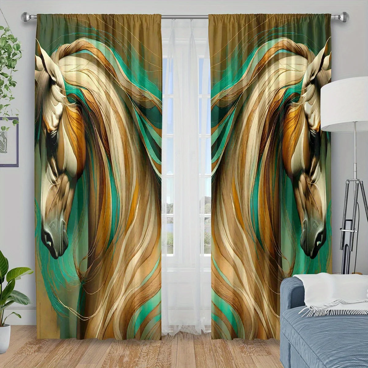 Golden Horse Head Curtains, Abstract Animal Print Blackout Drapes, Modern Home Decor for Living Room Bedroom Window Treatment