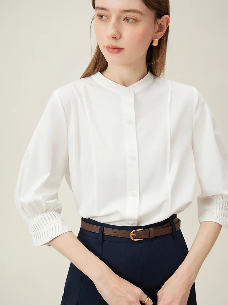 FSLE Mint Blue Standing Collar Commuting Shirt For Women\'s Summer 2024 New French Quarter Sleeved Women Pink Top 24FS12100