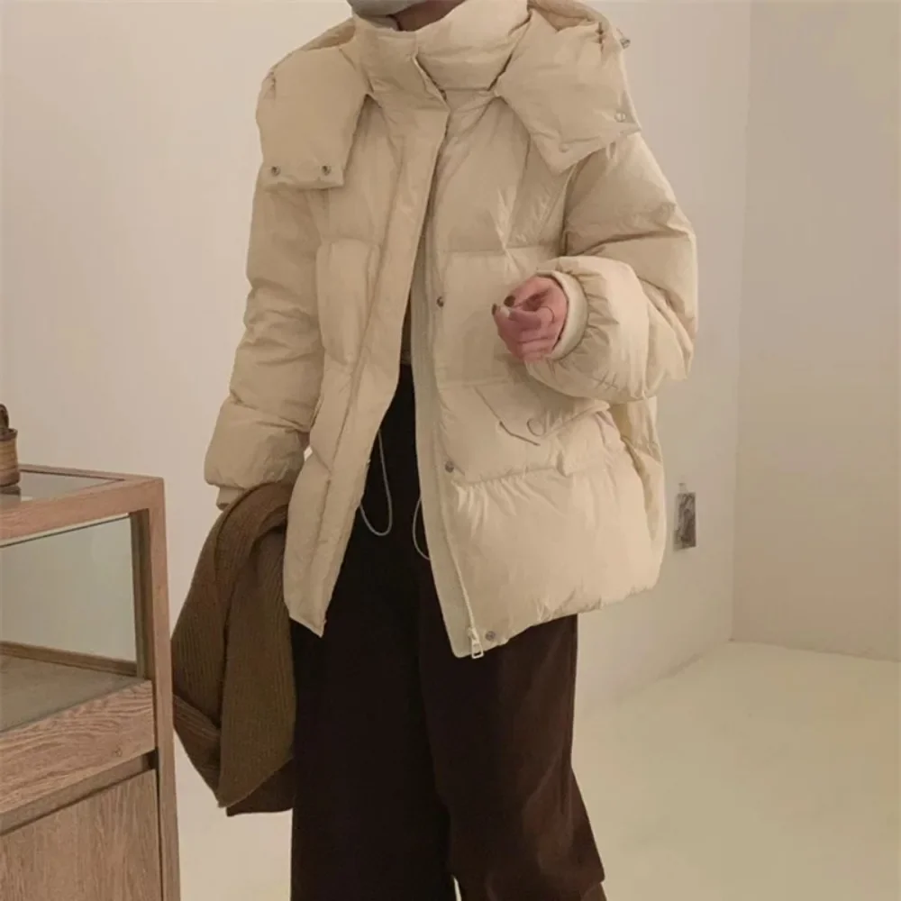 2024 New Winter White Duck Down Jacket Women Casual Fashion Warm Zipper Outwears Long Hooded Adjustable Waist Down Coat Female