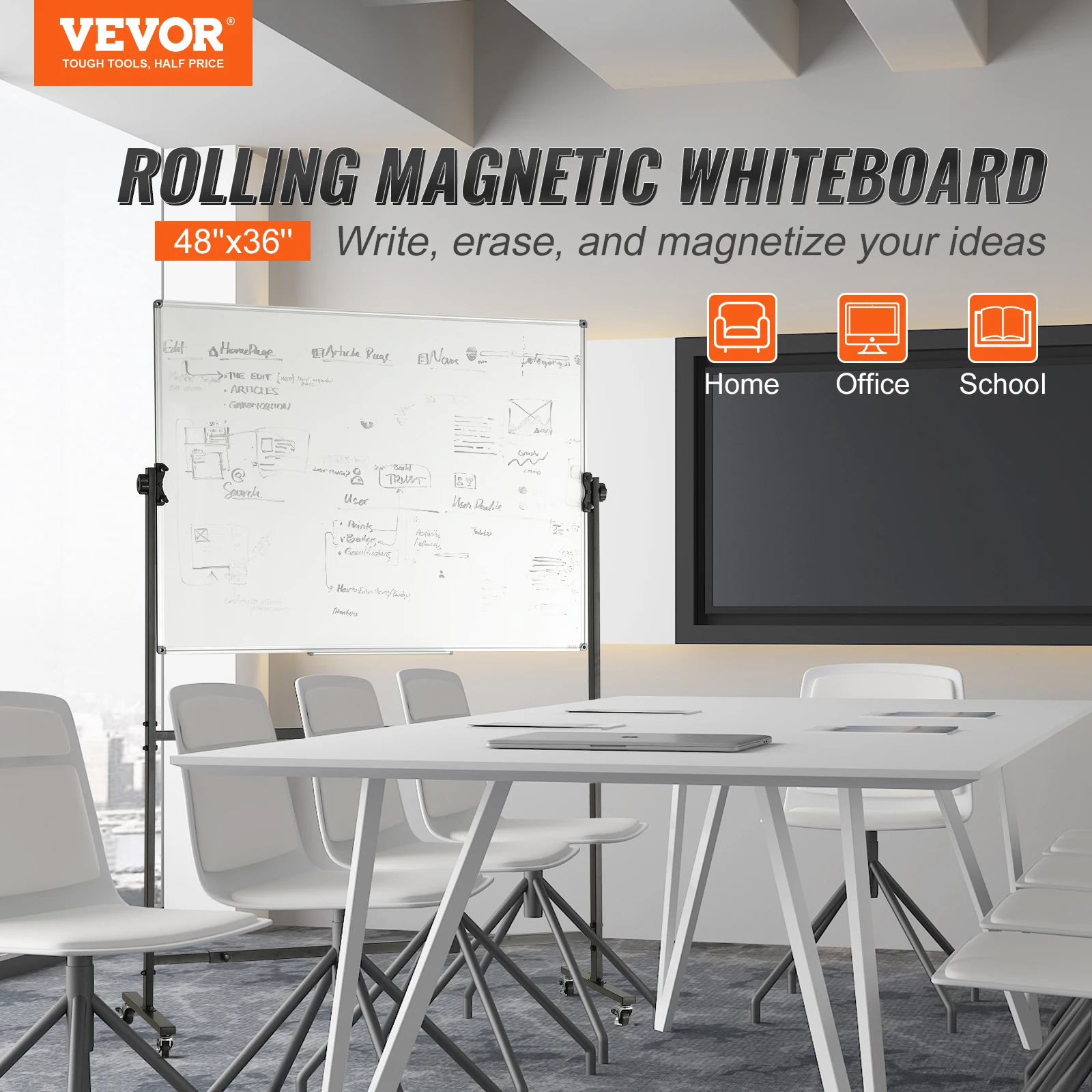 VEVOR Rolling Magnetic Whiteboard Double-Sided Mobile Whiteboard 360° Reversible Adjustable Height Dry Erase Board for School