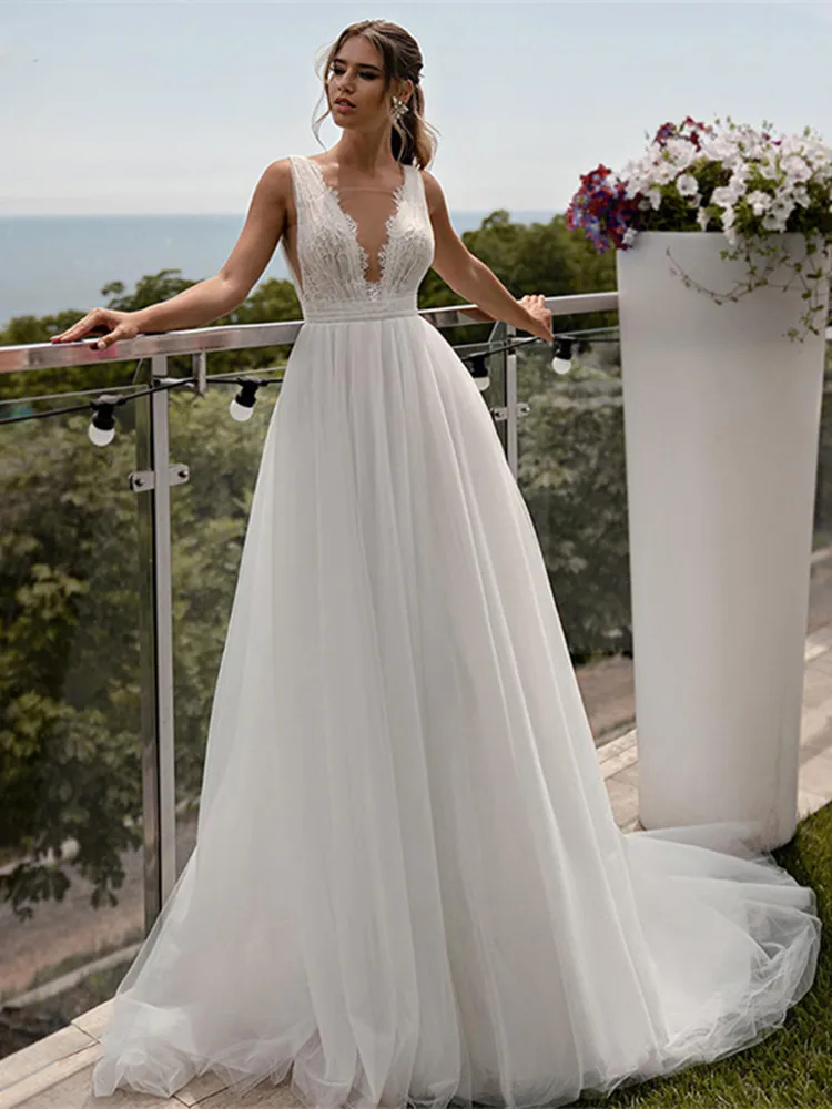 Robe De Mariée Sexy en dentelle, dos nu, col en v profond, avec des Appliques, en Organza, Court Train, sans manches, pour l'été, 2023