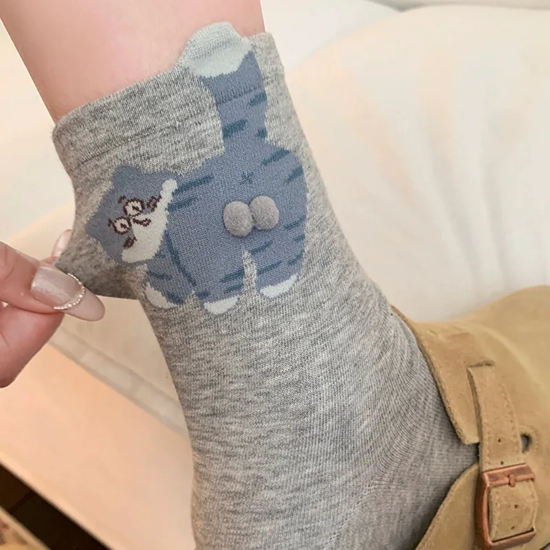1/3 أزواج مضحك القط بعقب البيض الجوارب النساء الكرتون القط القطن مزيج منتصف جوارب أنبوبية لطيف الحيوان طباعة الجدة طاقم جوارب الجوارب #4
