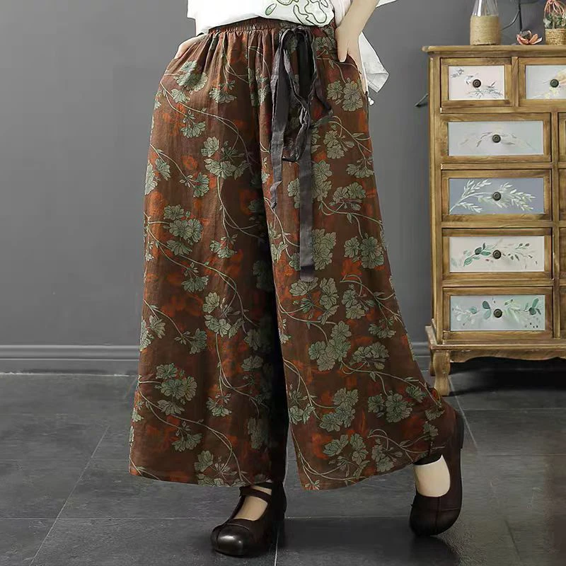 Retro étnico impressão solta perna reta calças casuais cintura alta perna larga nove pontos solto ajuste feminino plus size calças