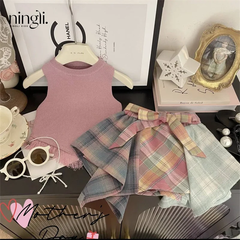 

Girls Two Piece Set Without Necklace 2024 Summer New Sweet Vest Design Sense Checkered Skirt Casual Simple Fashion Active Cute