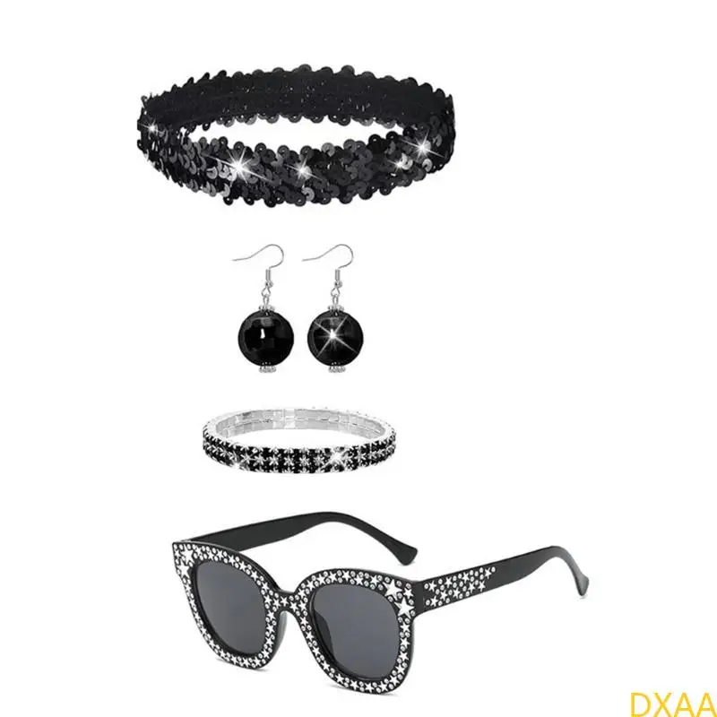 DXAA 60S 70S 80S Disco Accessoires Halloween Kostüm Schmuck Sonnenbrillen Pailletten Kopfbandkugel Ohrringe Neacklace Brabänder