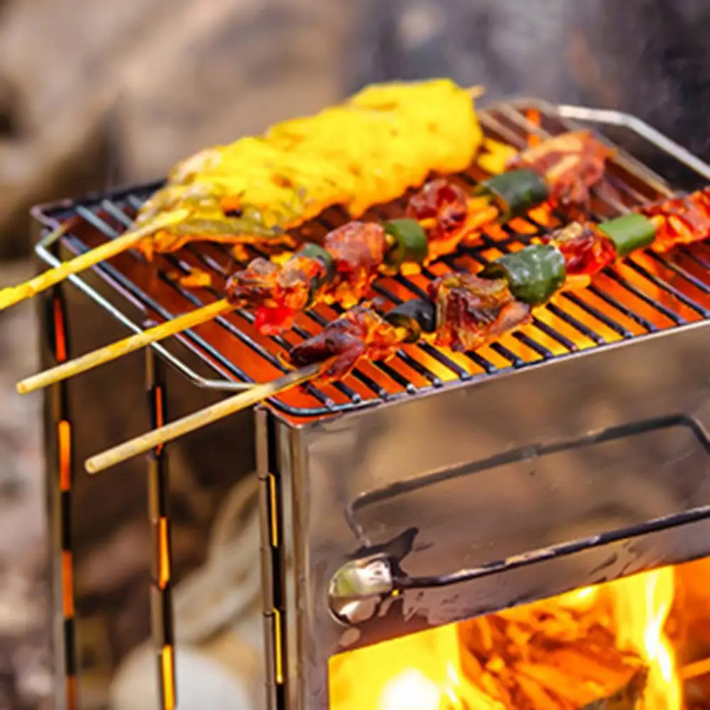 

Wood Stove Portable Foldable Stainless Steel Camping Stove With Mini Charcoal Grill Lightweight Barbecue Grill