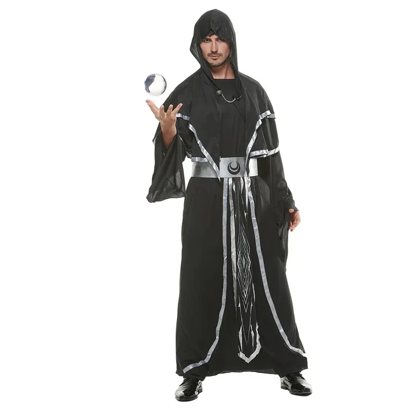 

Mystical Dark Sorcerer Medieval Warlock Halloween Costume Adult Men encanto Wizard Hooded Gown Cosplay Carnival Easter Purim