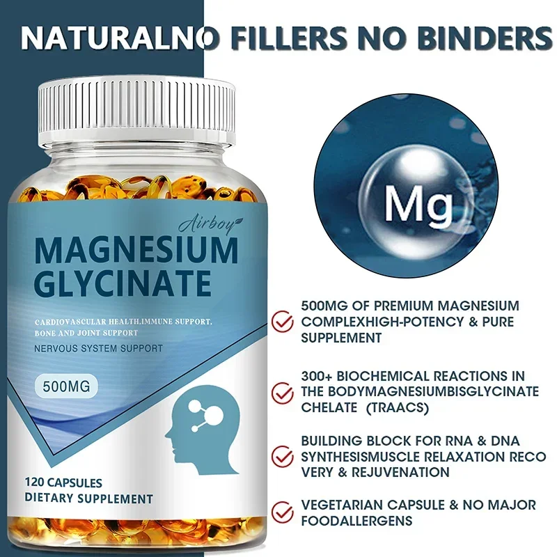 Magnesium Glycinate - Nerves System, Improve Mood Nervous, Muscles Recovery, Heart Health, Sleep Quality Support