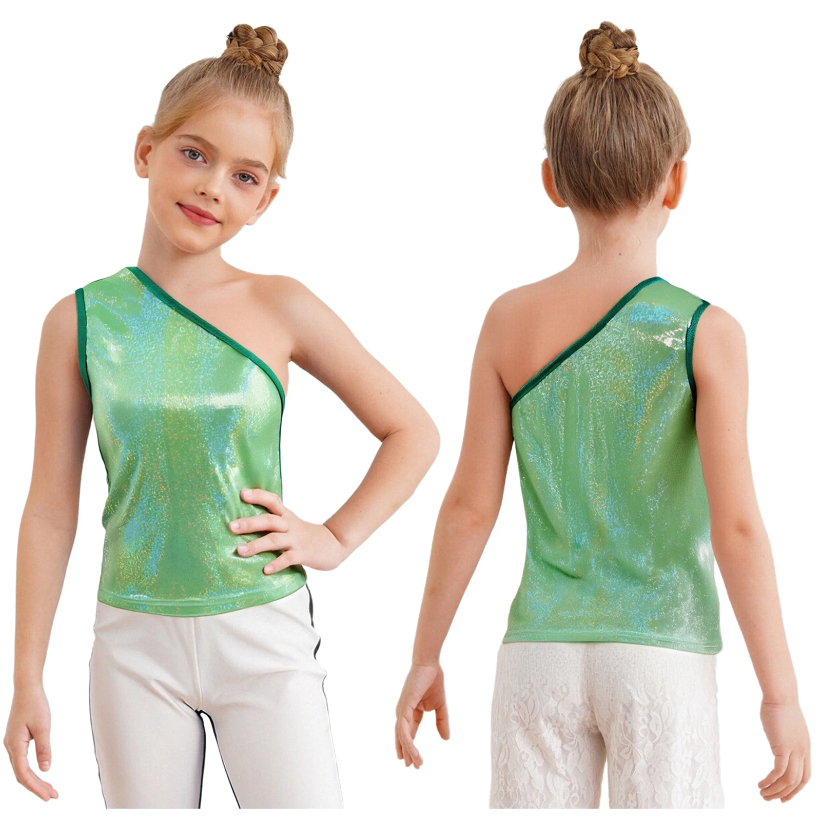 سترة تشجيع معدنية للأطفال البنات بكتف واحد بدون أكمام، ملابس رقص الجاز، ملابس رقص الهيب هوب والجاز الأنيقة