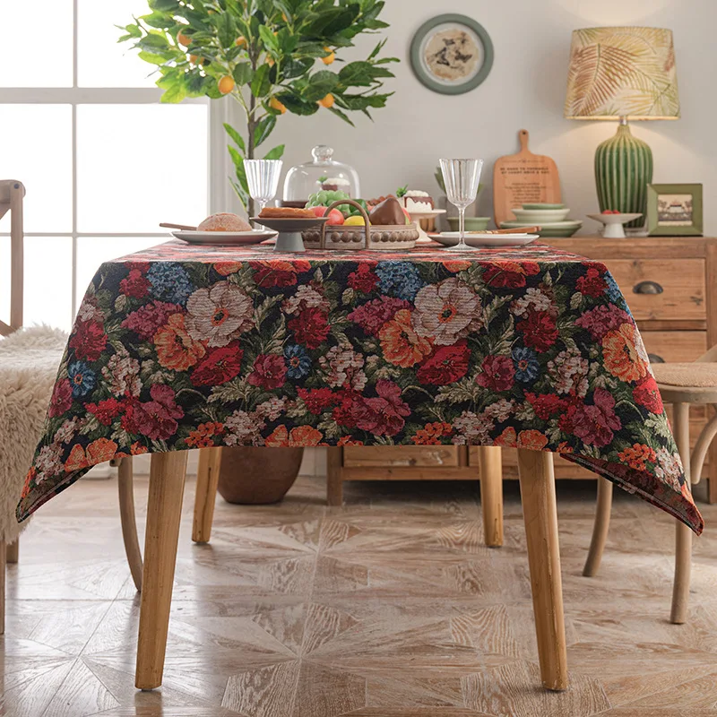 French Retro Flower Printed Tablecloth Dust-Proof Rectangular Table Cover for Dining All-Inclusive Anti-Dirt Furniture Protector