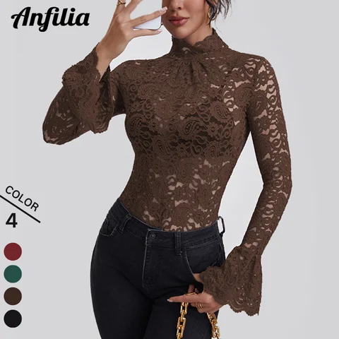 Anfilia Women Lace Shirts Turtle Neck Elegant Flare Long Sleeves Hollow Out Slim-fit Crochet Sexy Blouse