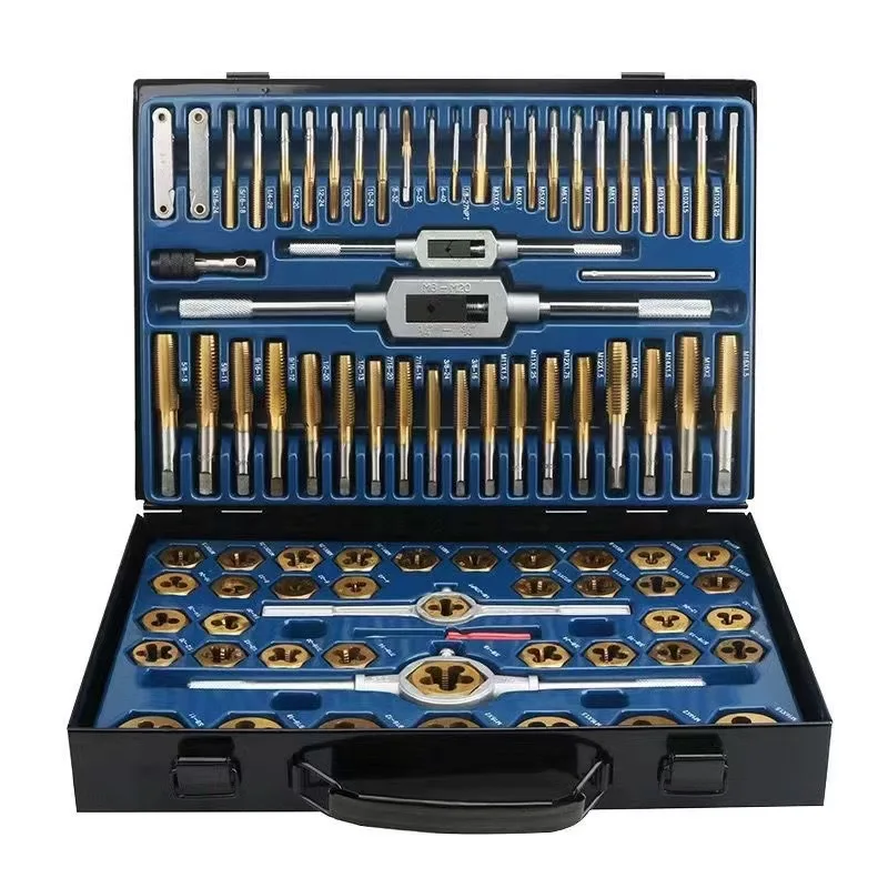 

86-Piece tap and die set, titanium plated, including tap, tap wrench, metric and imperial sizes