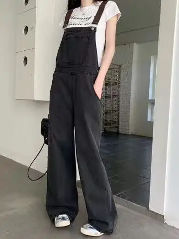 

Loose Korean Sle Denim Overalls Women's Spring Summer 2026 New Bla Wide Leg High Waist Cargo Pants Casual Cotton Jeans