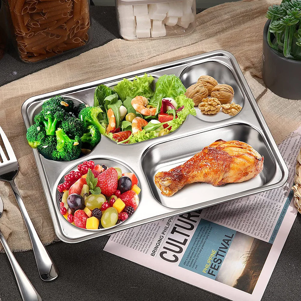 

4PCS deepening plate, stainless steel portion control plate, indestructible metal food tray with 5 compartments
