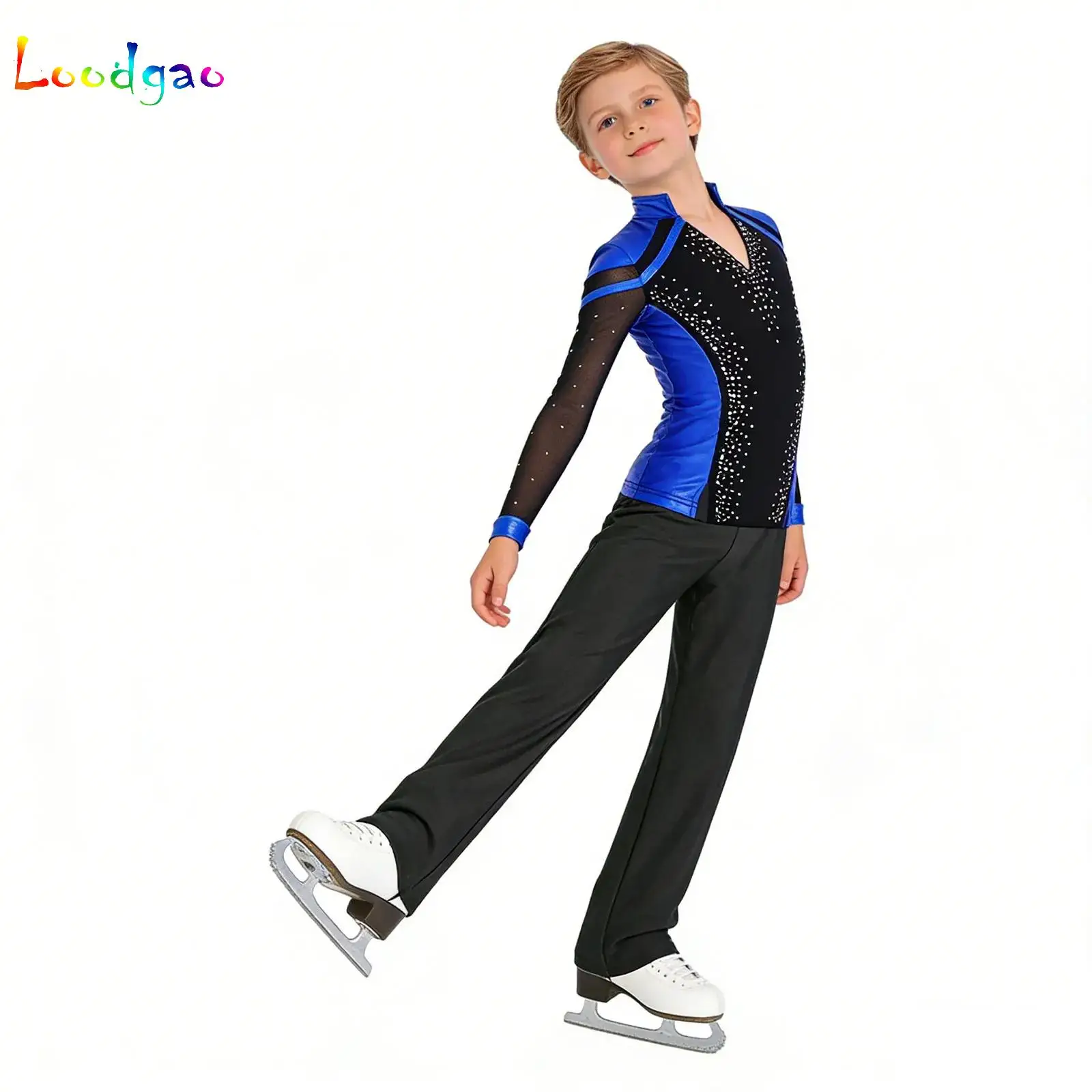 Kids Boys Figure Skating Latin Dance Jersey Tango Cha-cha Performance Costume Metallic Rhinestones T-Shirts Top with Pants Set
