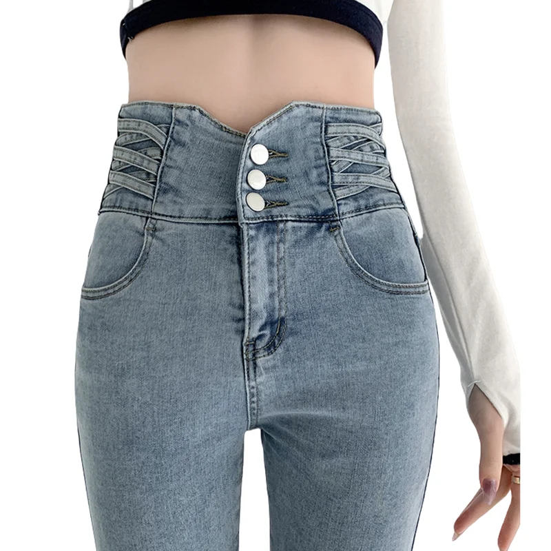 

Light Blue Jeans For Women High Waisted Stretch Denim Pants Tight Trousers, Buttons Skinny Pencil Jeans