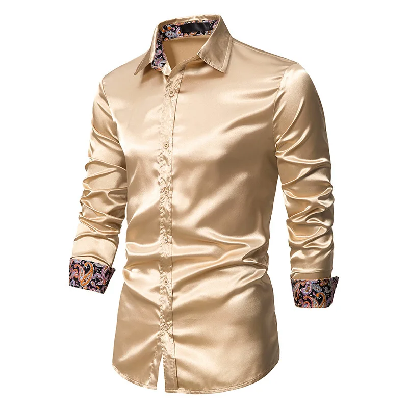 Smooth Soft Dress Up Party Shirts For Men Satin Silk Paisley Patchwork Business Shirt Wedding Prom Banquet Tuxedo Chemise Hombre