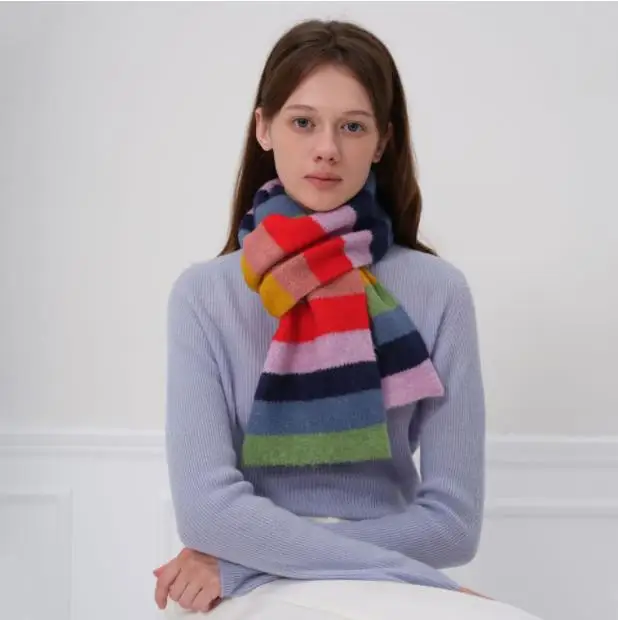 

Hot Bufanda Rainbow Stripes Mohair Scarf Men Women Winter Colour Blocking Stripes Wool Short Scarf Students Warm Short W207