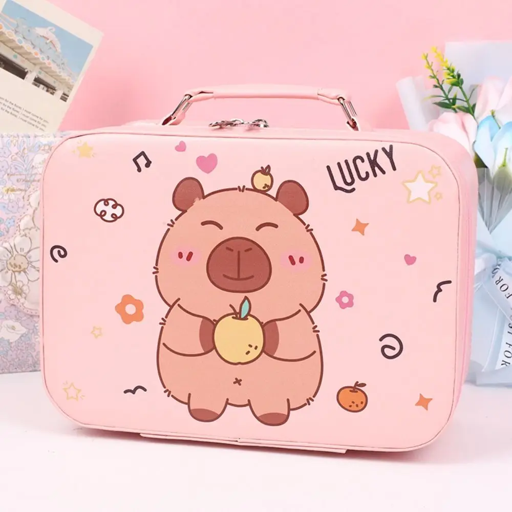 Creative Cartoon Portable Suitcase Capybara With Mirror Mini Luggage Boarding Case PU Small Makeup Box Children