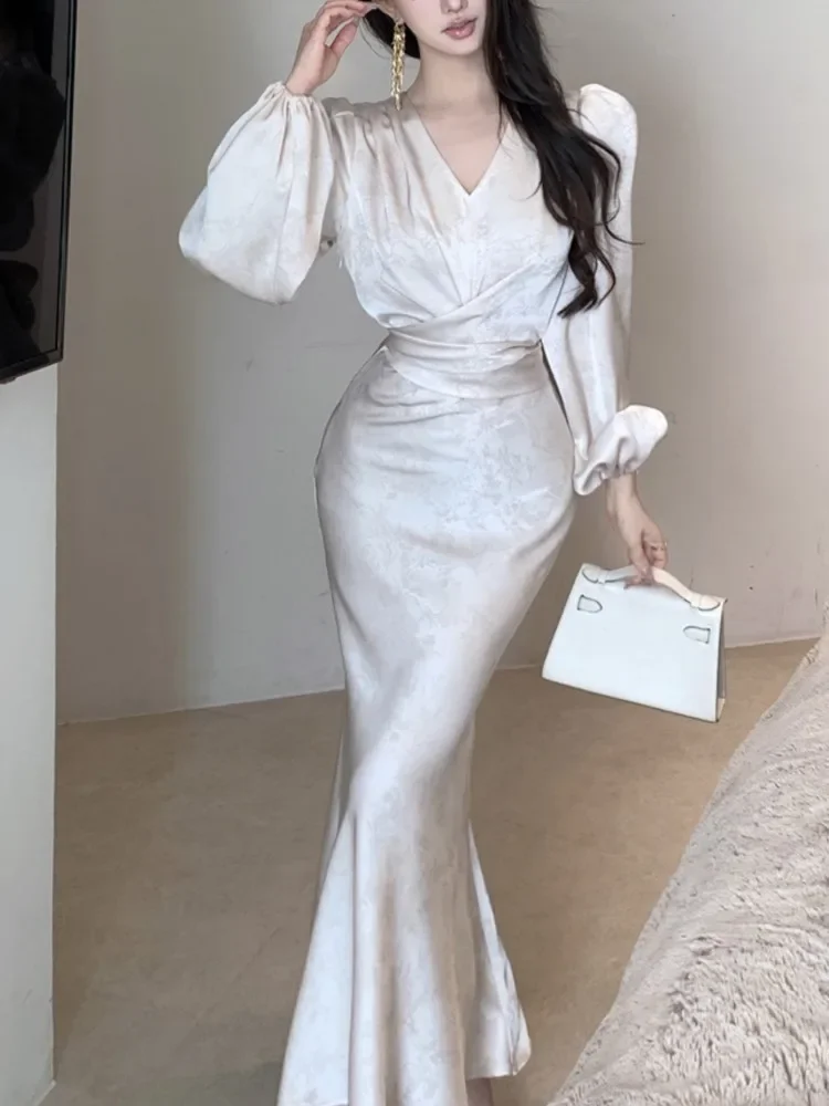 Robe mi-longue imprimée moulante pour femmes, élégante, manches lanternes, col en v, à lacets, style sirène, Robe de soirée, automne