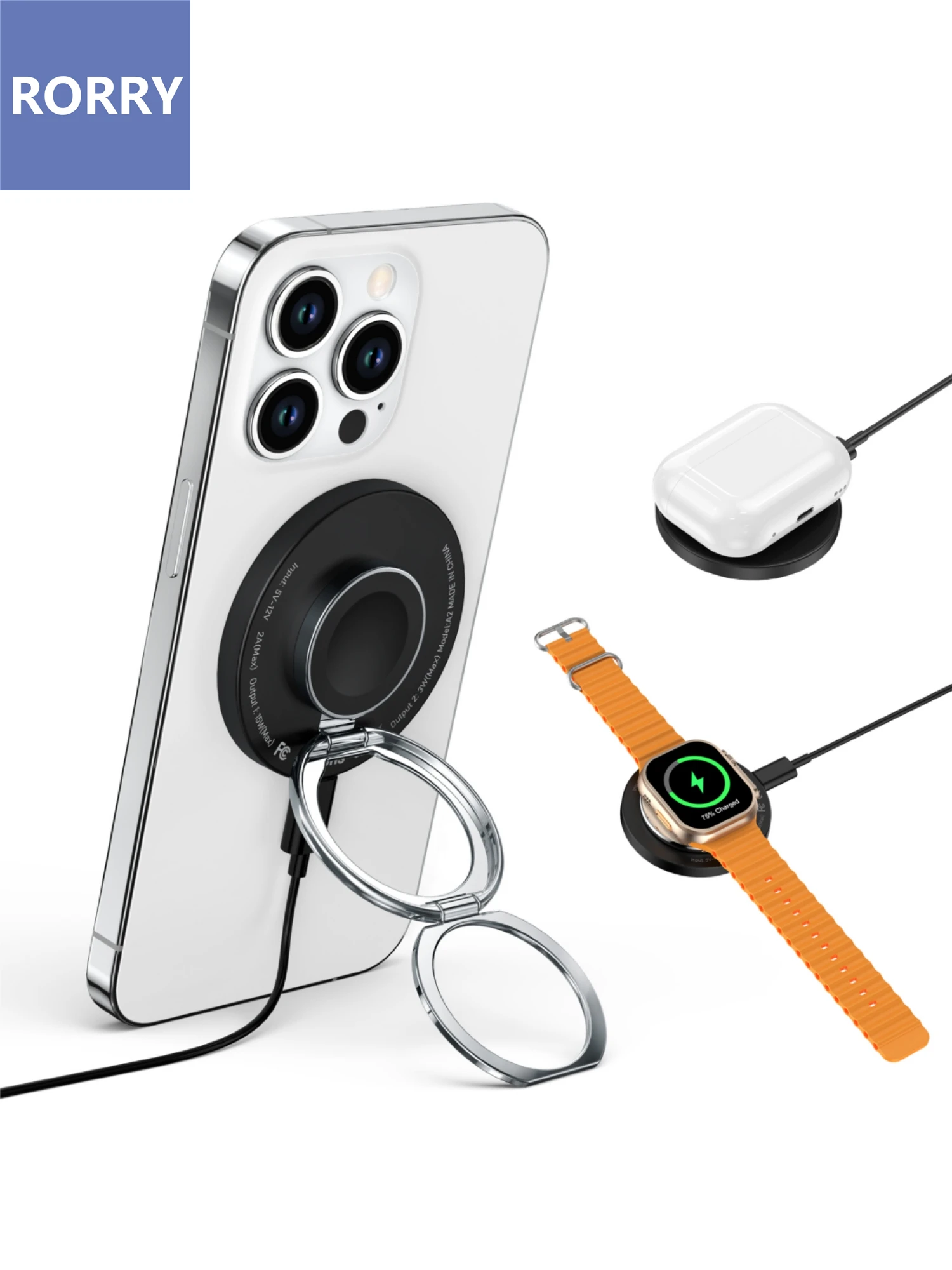 

RORRY 3 IN 1 Qi Μαg-Sαfe Magnetic Charger Fast Charging for iPhone With Dual Ring Holder Wireless Charger for Apple Watch Airpod