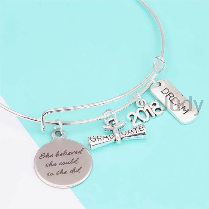 Graduation Bracelet She Believe Could So Did Silver Tone Bangles Graduation's Gift for Woman Girl