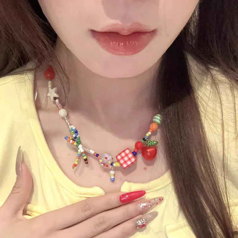 Cute Harajuku Cartoon Fruit Bow Colorful Beads Choker Necklace Egirl Goth Vintage 2000s Y2K EMO Jewelry Aesthetic Accessories