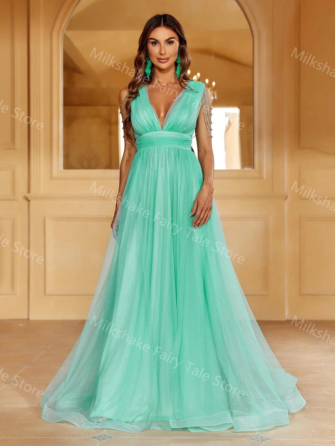 Vestidos de Noche de línea A simples para mujer, vestidos de graduación sin mangas con cuello en V, vestidos de fiesta de boda formales con cuentas sexys