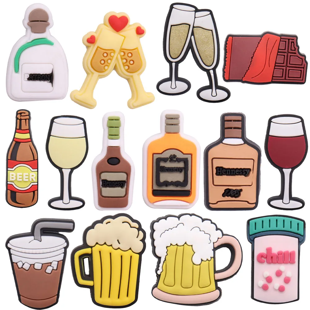 Venta única, bebida, cerveza, Chocolate, diseñador, vino tinto, té de la leche, champán, PVC, adornos para zapatos, mochila apta