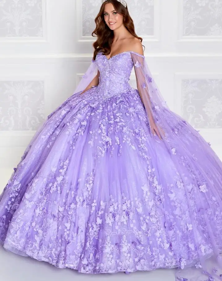 Gaun putri Lavender Quinceanera dengan jubah dari bahu korset kupu-kupu bunga manis 15 gaun vestido debugante lilas