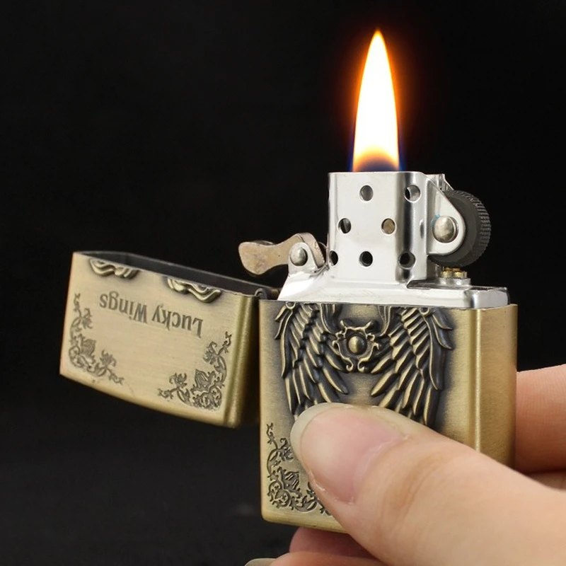 Wings Relief Craft Oil Lighter Metal Retro Grinding Wheel Open Flame Igniter Wholesale Torch Lighter Refillable Smoking Unique
