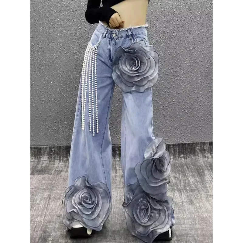 

Design 3D Flower Bead Embroidery Fringes Denim Jeans Women's Fleece-lined High-waist Street Style Trendy Versatile Straight Jean