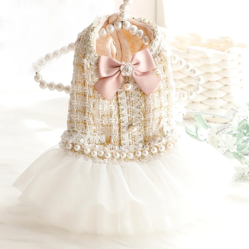 

New Pearl Stitching Small Fragrance Style Pet Princess Dresses Elegant Autumn/Winter Dog Cat Puffy Dress Cute Bow Puppy Clothes