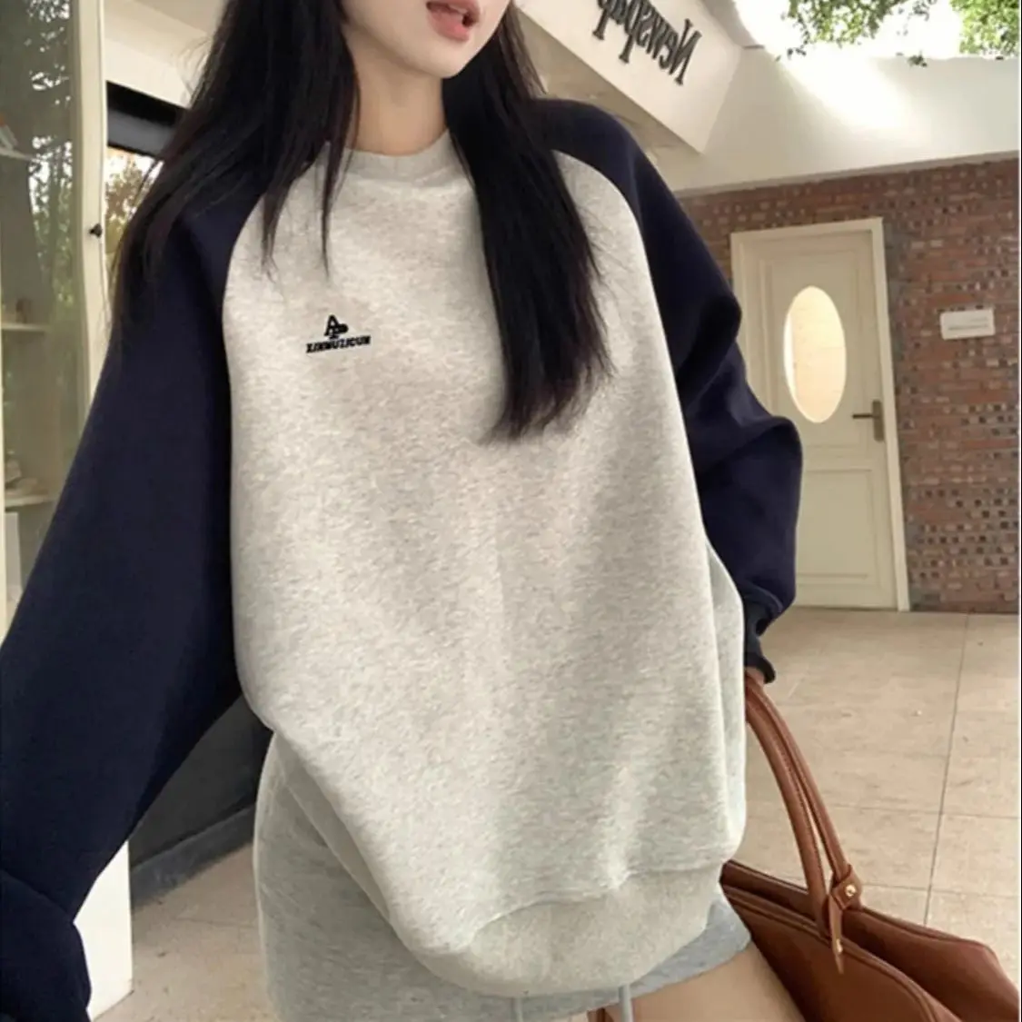 

Raglan Sleeve Hoodie Fashion O-Neck Solid Color Loose Korean T-Shirt Female Clothing Autumn New Casual Tops All-Match Tee Shirt