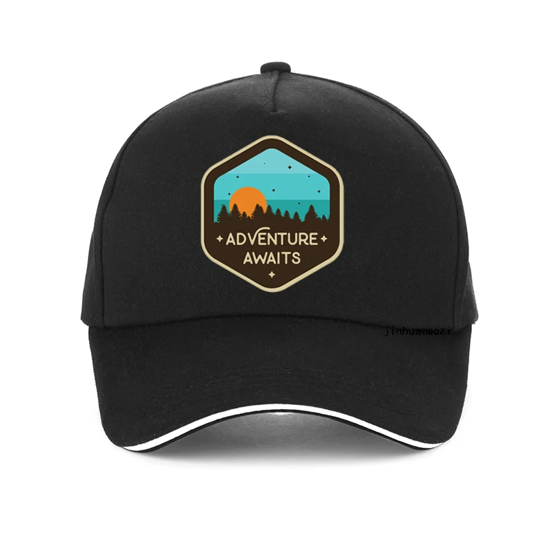 

outdoor adventure awaits sunset camping trip logo Baseball cap Dad caps Unisex adjustable snapback hat bone