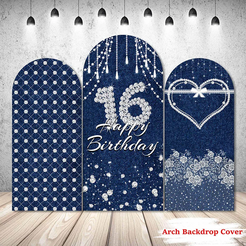 Mehofond Custom Denim Glitter Diamonds Girl Sweet 16th Birthday Party Cover Arch Wall Background Decor Backdrop Photo Doubleside