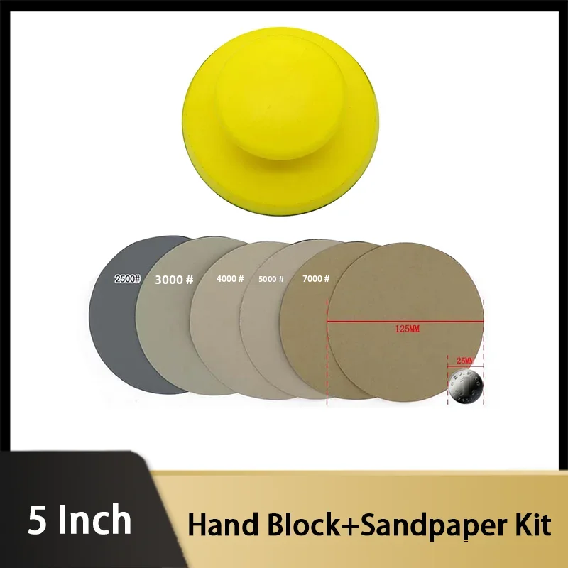 

1 шт. 5-дюймовый круглый ручной шлифовальный блок с крючком и петлей/25 шт. листы наждачной бумаги + 1 шт. ручной шлифовальный блок, инструменты для полировки, пена из искусственной кожи для шлифовки