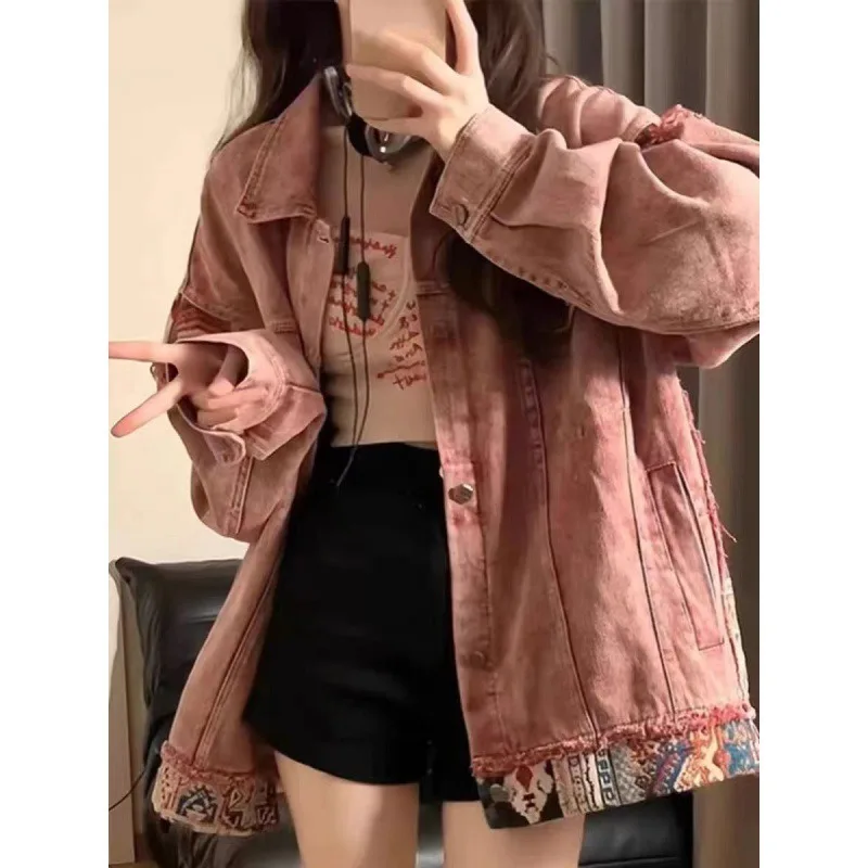 

American Retro Spliced Denim Jacket for Women Spring and Autumn Design, Casual and Versatile Workwear Spliced Jacket Top