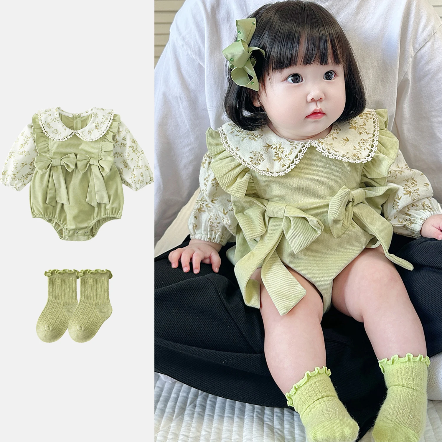 Baby Romper Dress Autumn Korean Baby Girl\'s One Piece socks Flower Matcha Color Toddler Clothes Long-sleeved Climbing Clothes