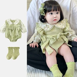 Baby Romper Dress Autumn Korean Baby Girl's One Piece socks Flower Matcha Color Toddler Clothes Long-sleeved Climbing Clothes