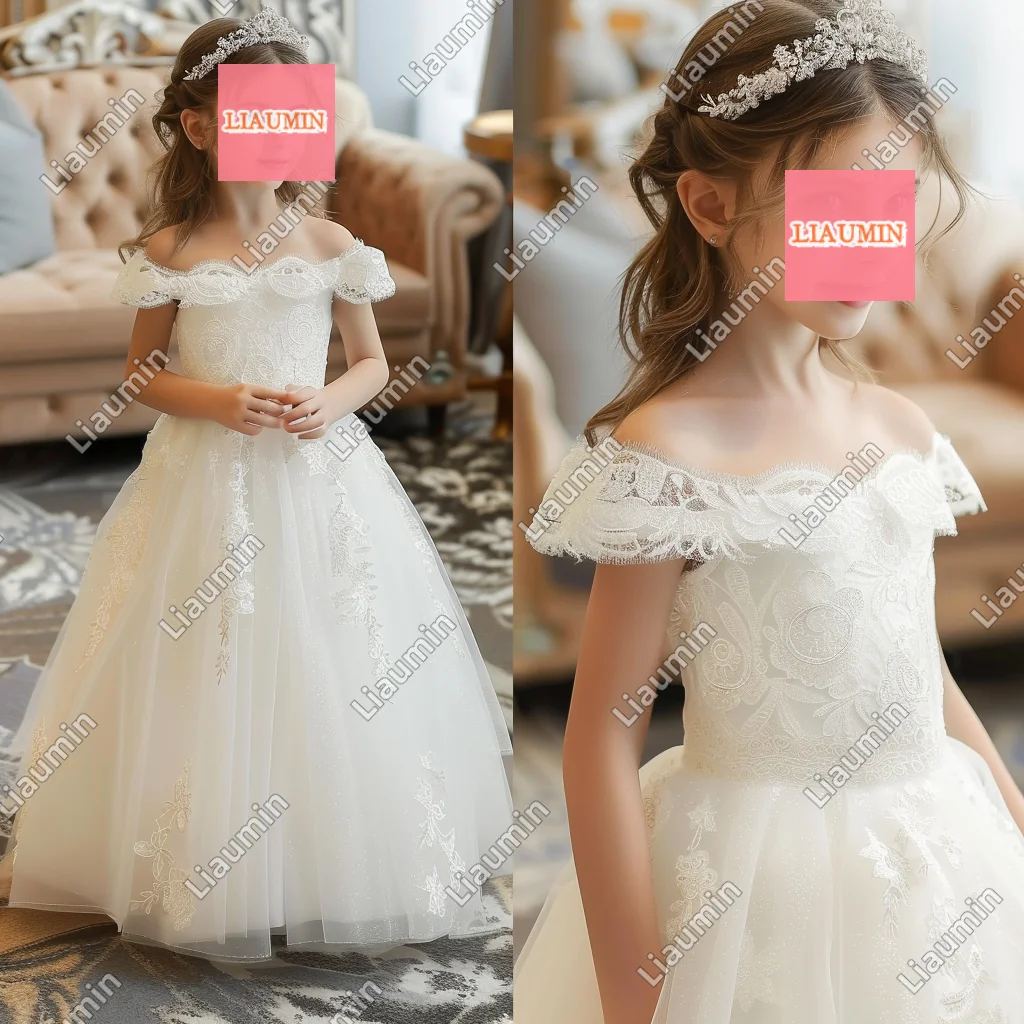 

Custom Hand Made Flower Girl Dresses Off The Shoulder Tulle Princess Lace Applique First Communion Pageant SKirt Kids W17-3.8