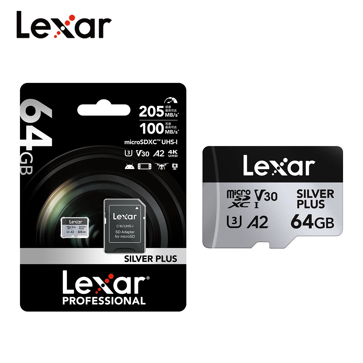 Lexar TF Card Silver Plus Professional 1366X MicroSD Card 64GB 128GB 256GB z adapterem MicroSDXC Card 205MB/s do aparatu telefonicznego