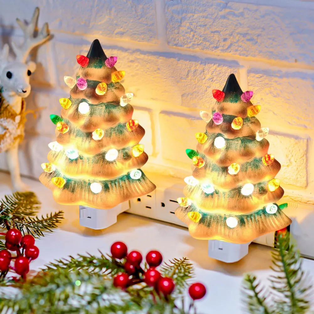 Resinous Christmas Tree Night Light Us Plug Mini Christmas Tree Bedside Lamp Cute Children's Night Light Holiday Gift