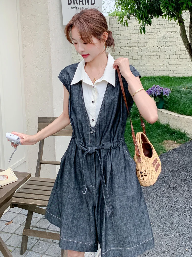 จั๊มสูทขาบานทรงหลวมสไตล์วินเทจ ผ้าบางเบา แต่งลายปะติด ดีไซน์สองชิ้นหลอกตา สำหรับผู้หญิง ฤดูร้อน รุ่นใหม่ ช่วยให้ดูอ่อนวัย