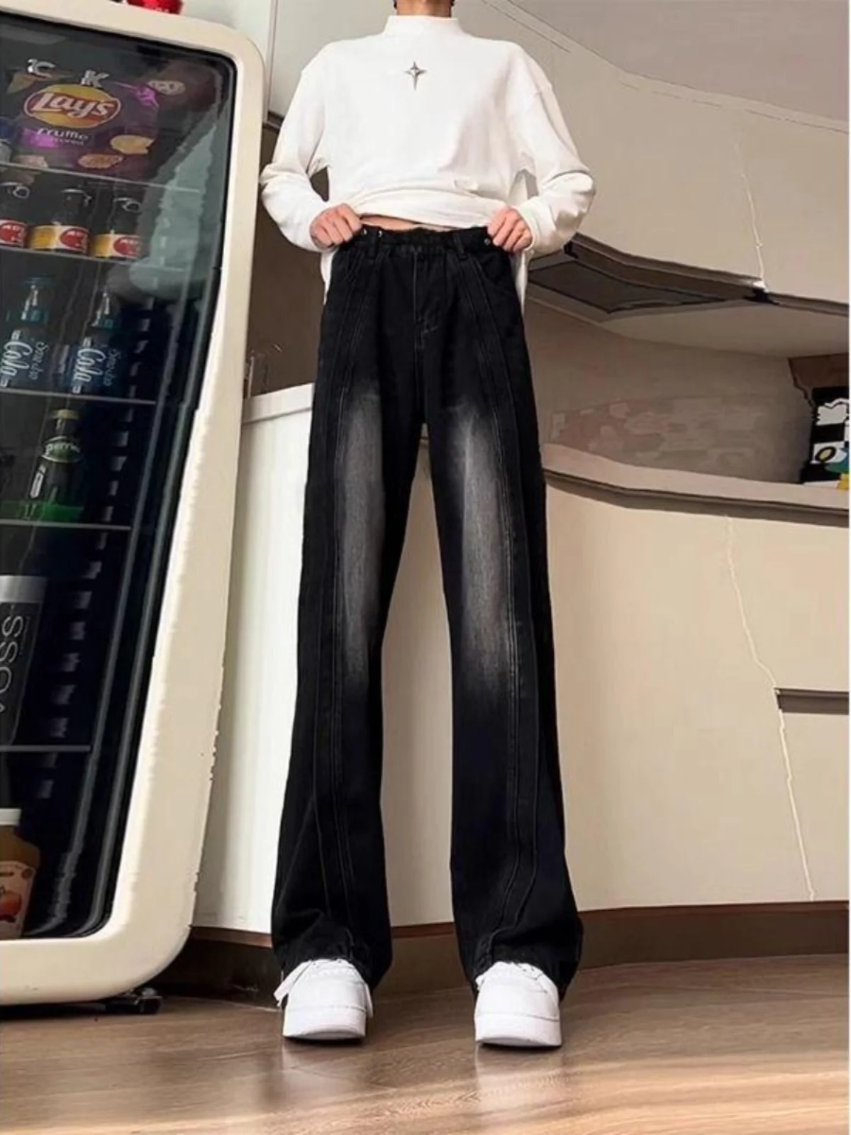 

Retro American Vibe Men's Jeans High-End Feeling Deconstructed Patchwork Straight Leg Jeans Black Grey Flared Casual Jeans