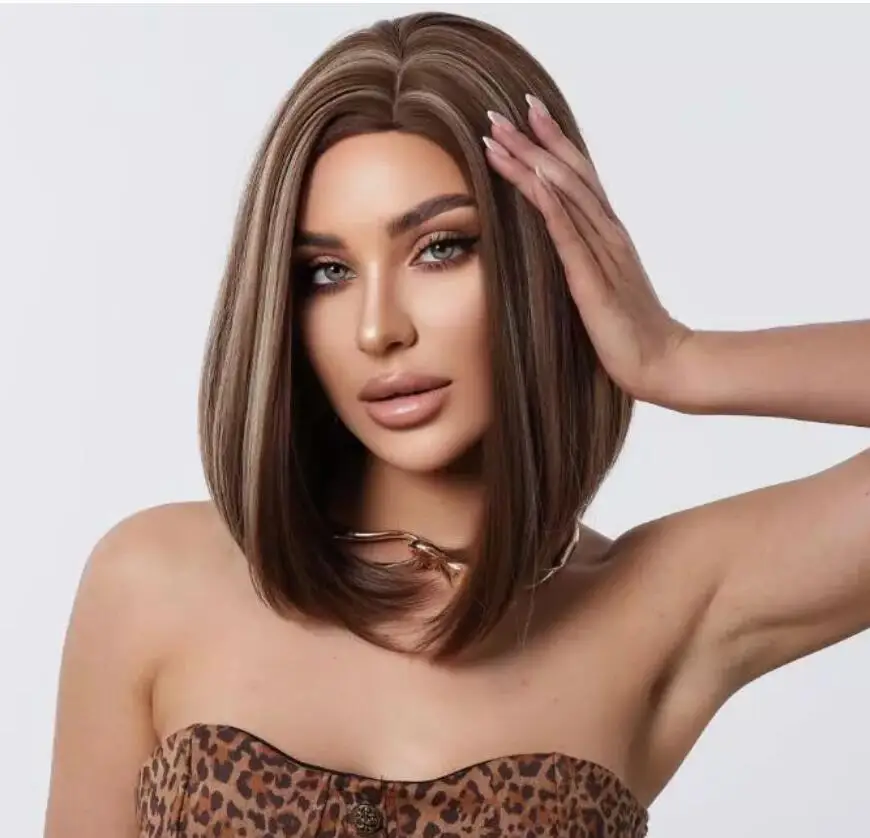 New Ladies Natural Dark Brown Blond Mix Straight Wig Women's Full Wig