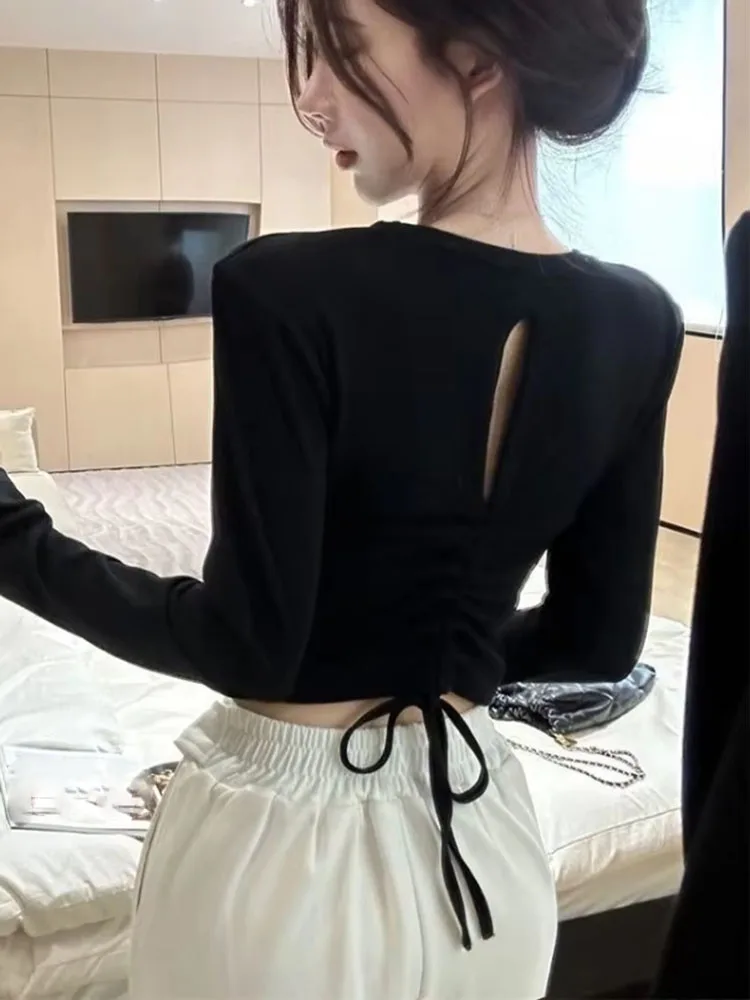 2026 New Korean Women's Long Sleeve Hollow Back T Shirt Slimming Waist Cinched Short Top Ins Trendy