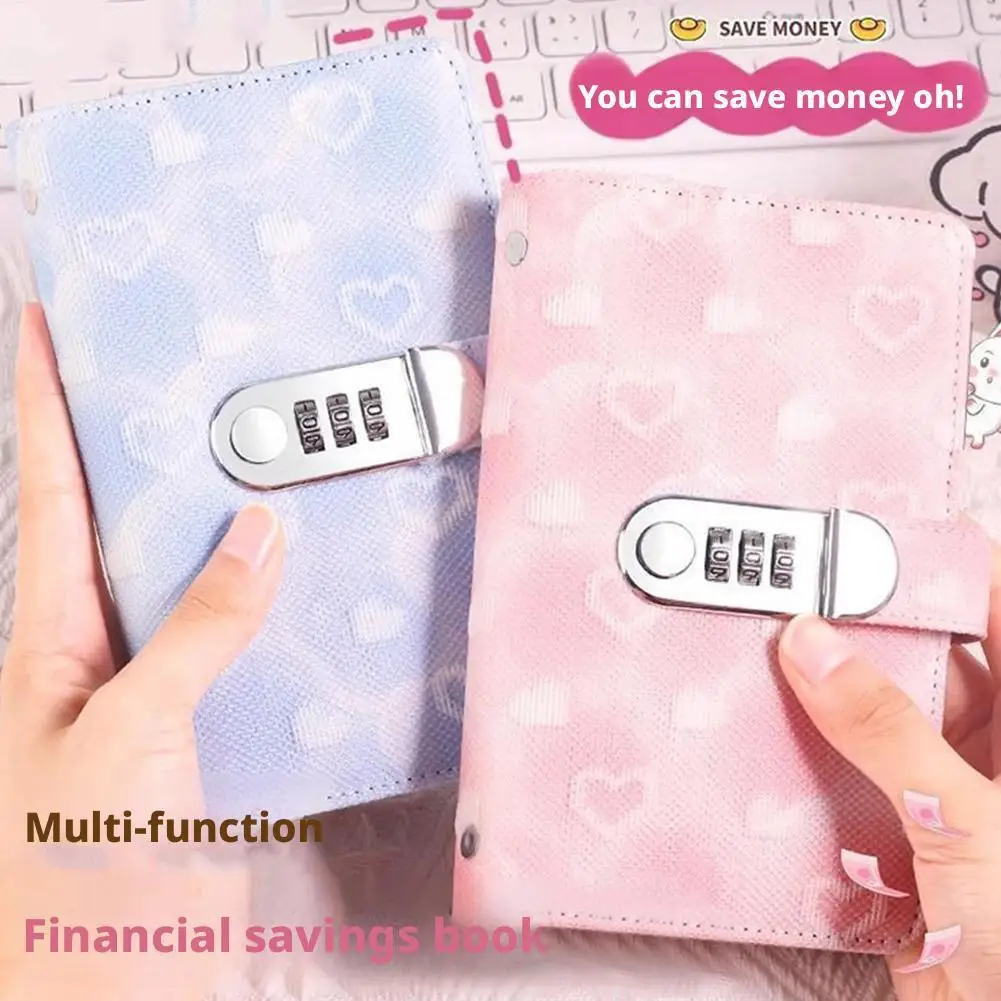 مغلفات جلدية مطبوعة على شكل قلب، دفتر ملاحظات لتوفير المال، جيوب مخططة للميزانية، منظم مغلف نقدي، قفل بكلمة مرور، محفظة دفتر الملاحظات