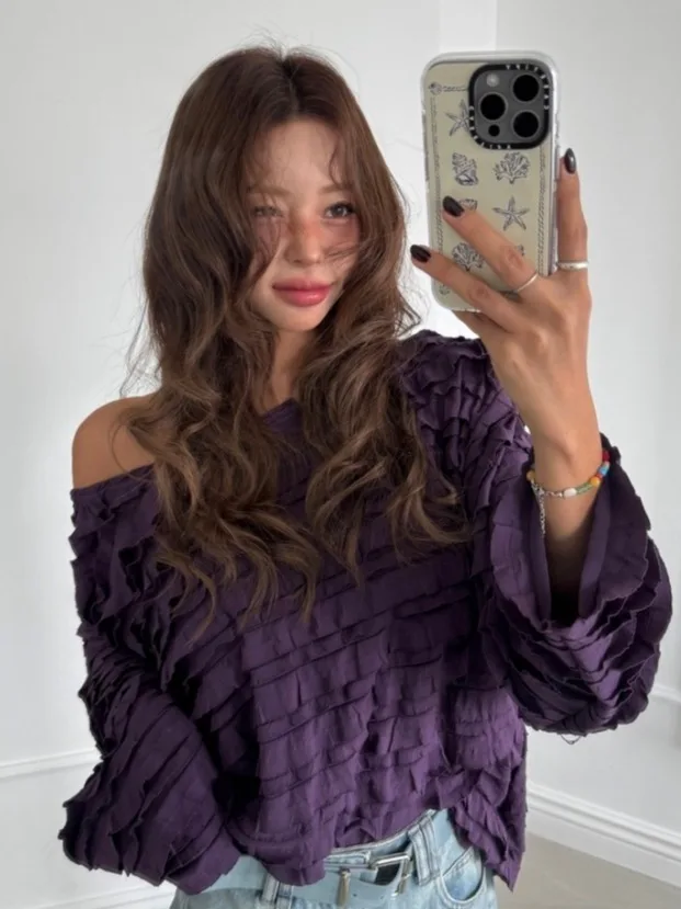 

Chic Spring New Women's Loose Faionable Long Sve irt Romantic Lace Trim oulder Exposure Korean Sle Polyester Fiber