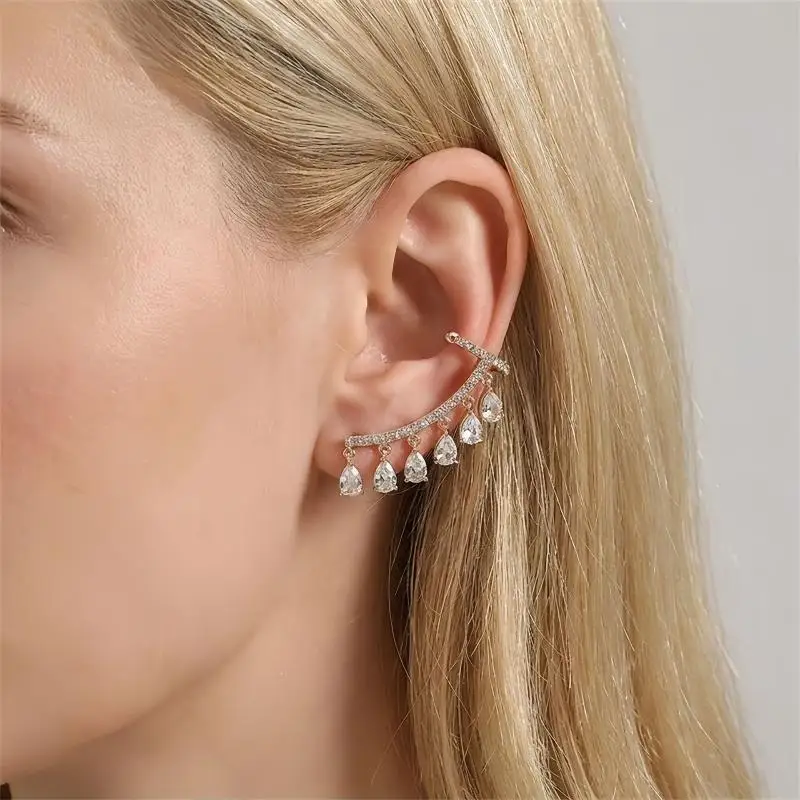 Crystal Water Drop Ear Cuff Earrings For Women Vintage Drop Rhinestone Ear Crawler Earring Non Piercing Earrings Boho Jewelry